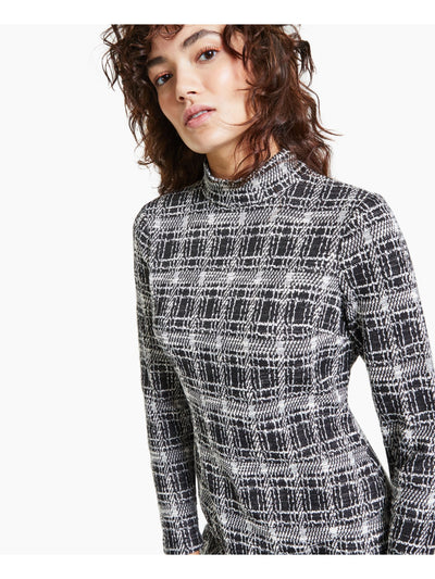 BAR III DRESSES Womens Black Zippered Plaid Long Sleeve Mock Neck Short Sheath Dress S