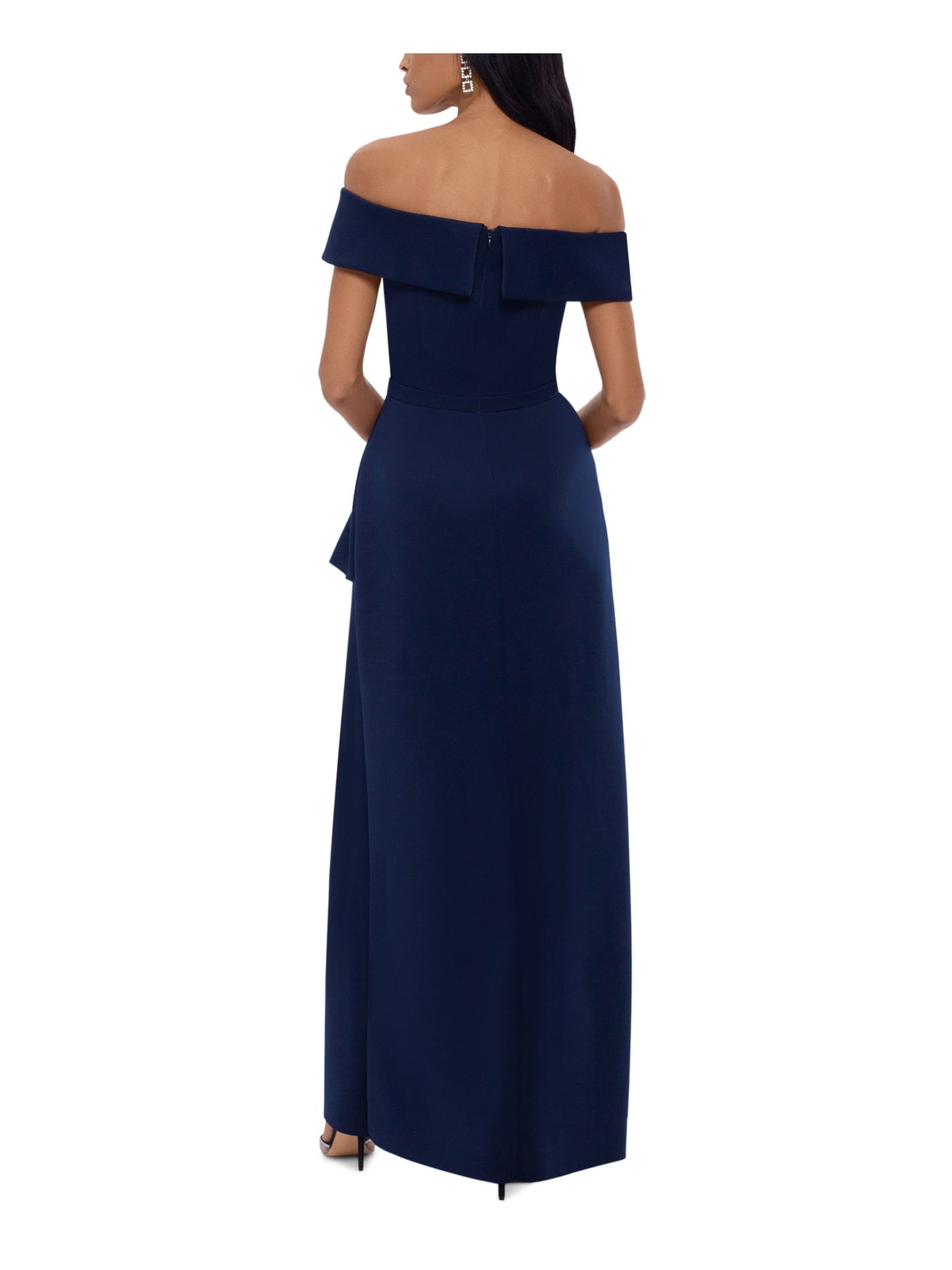 XSCAPE Womens Navy Stretch Zippered Slitted Asymmetrical Hem Lined Short Sleeve Off Shoulder Full-Length Formal Gown Dress 4