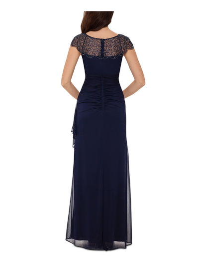 XSCAPE Womens Navy Beaded Zippered Lined Short Sleeve Round Neck Full-Length Formal Gown Dress 14