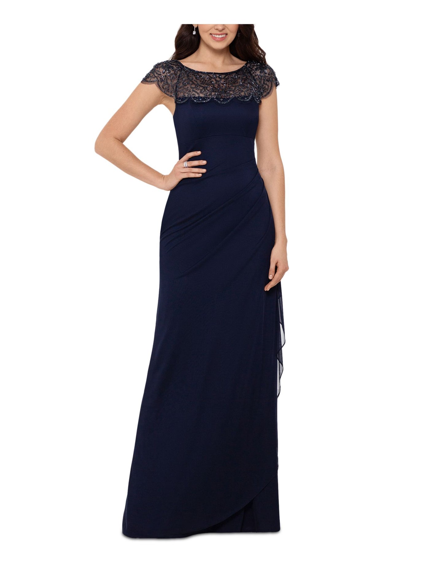 XSCAPE Womens Navy Beaded Zippered Lined Short Sleeve Round Neck Full-Length Formal Gown Dress 14