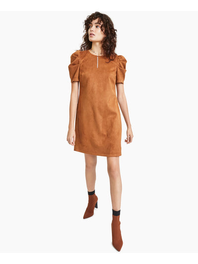 BAR III DRESSES Womens Brown Zippered Pouf Sleeve Round Neck Above The Knee Party Shift Dress L
