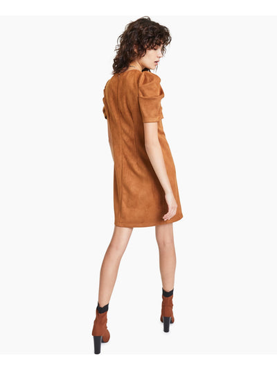 BAR III DRESSES Womens Brown Zippered Pouf Sleeve Round Neck Above The Knee Party Shift Dress L