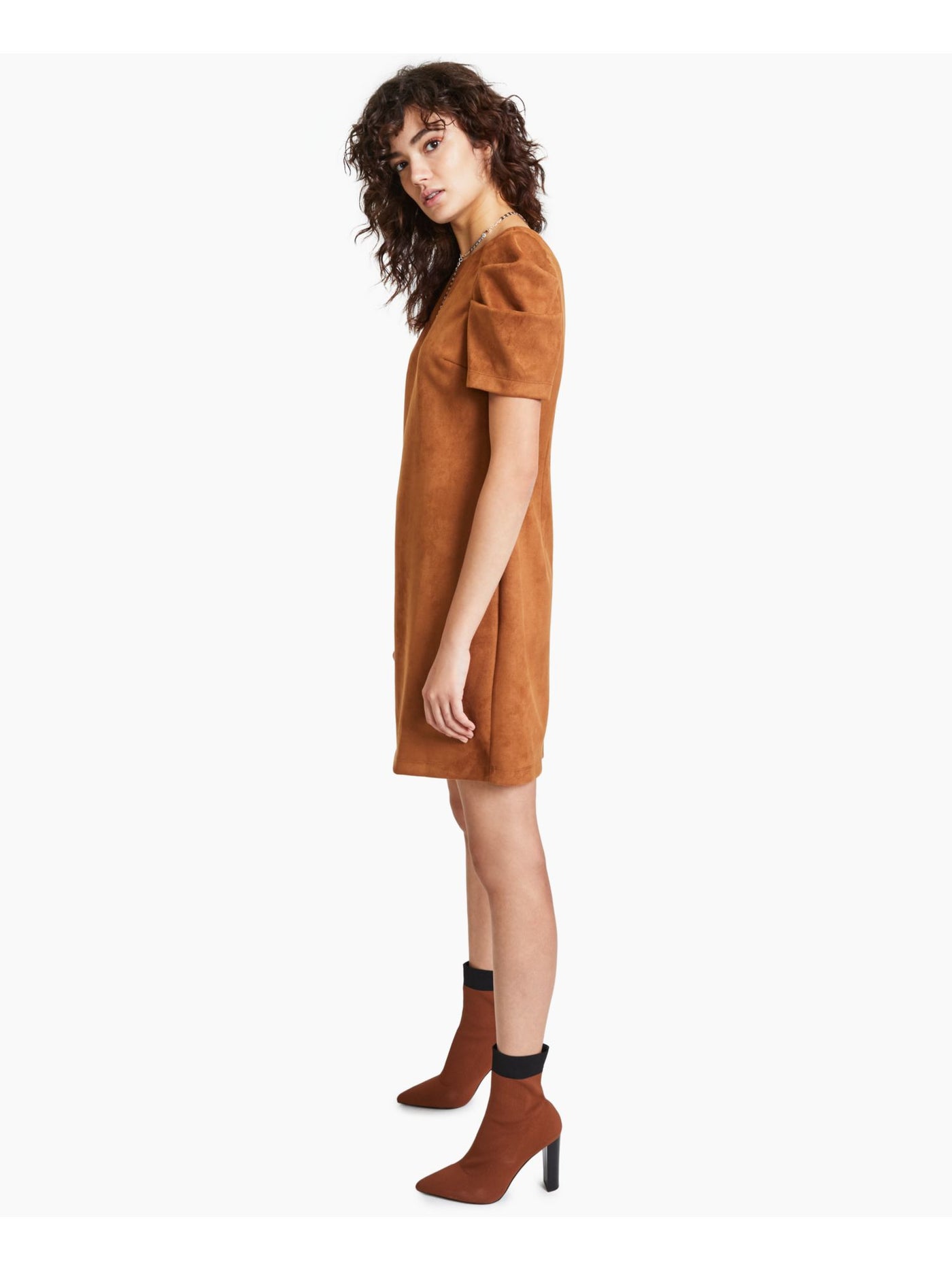 BAR III DRESSES Womens Brown Zippered Pouf Sleeve Round Neck Above The Knee Party Shift Dress L