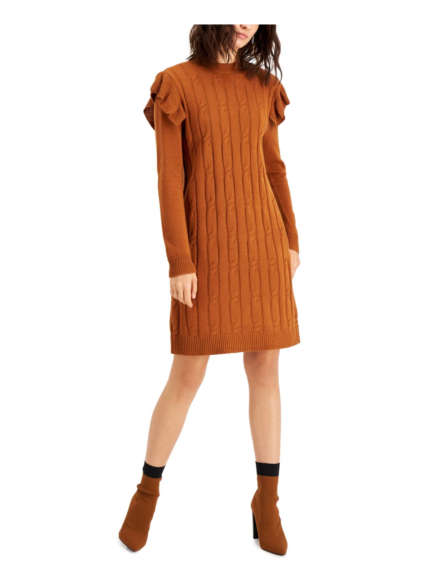 BAR III Womens Brown Ruffled Cable-knit Front Long Sleeve Crew Neck Above The Knee Sweater Dress S