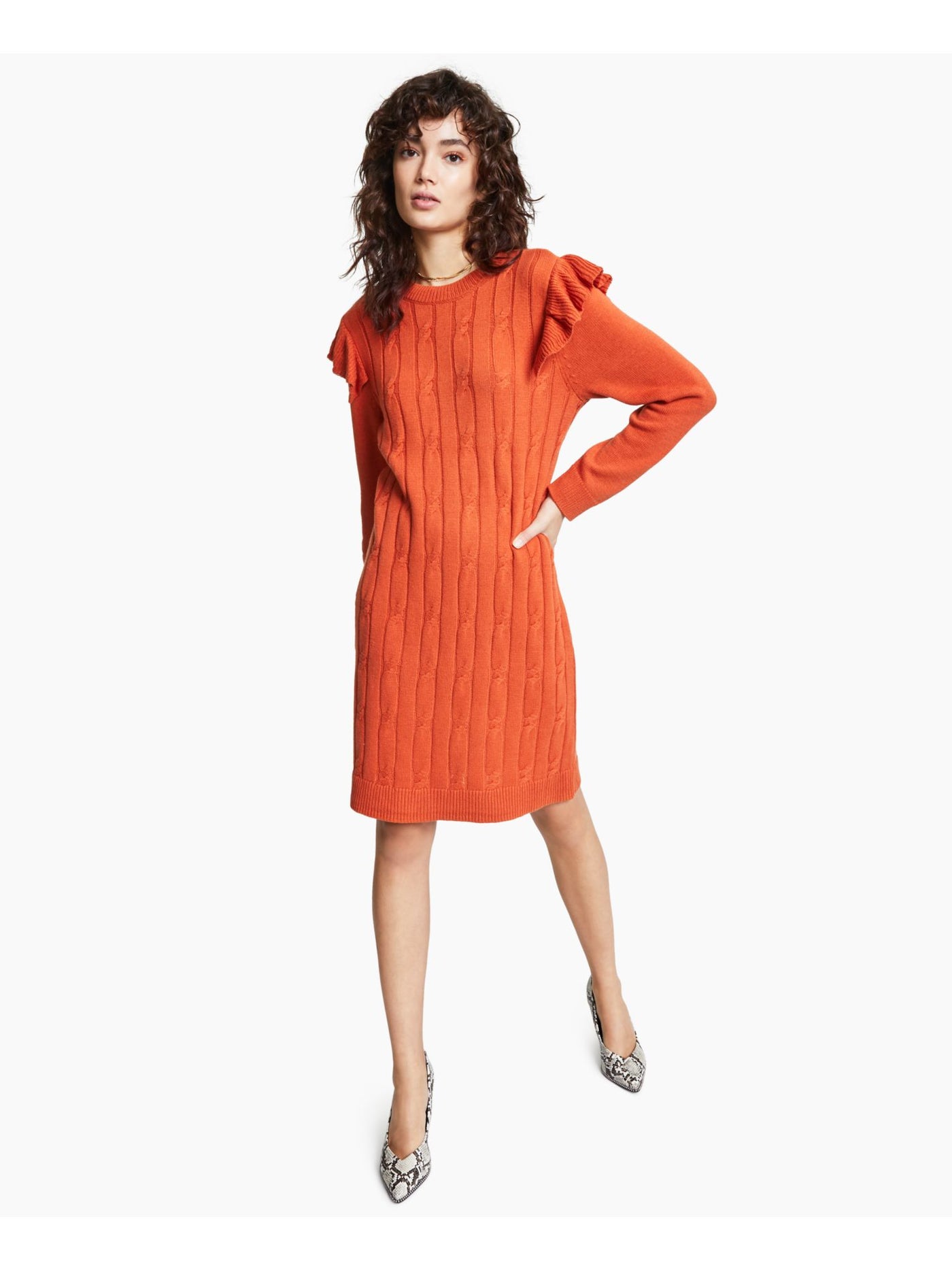 BAR III Womens Orange Ruffled Cable-knit Front Long Sleeve Crew Neck Above The Knee Sweater Dress L