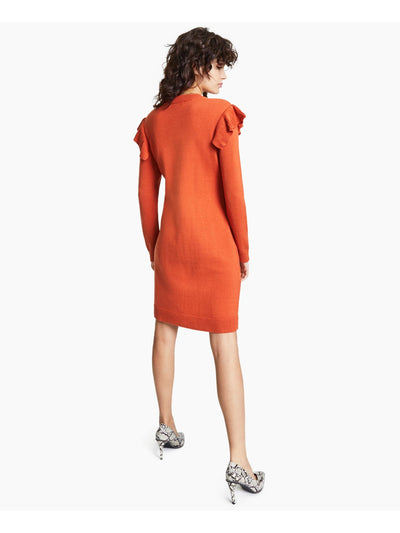 BAR III Womens Orange Ruffled Cable-knit Front Long Sleeve Crew Neck Above The Knee Sweater Dress L