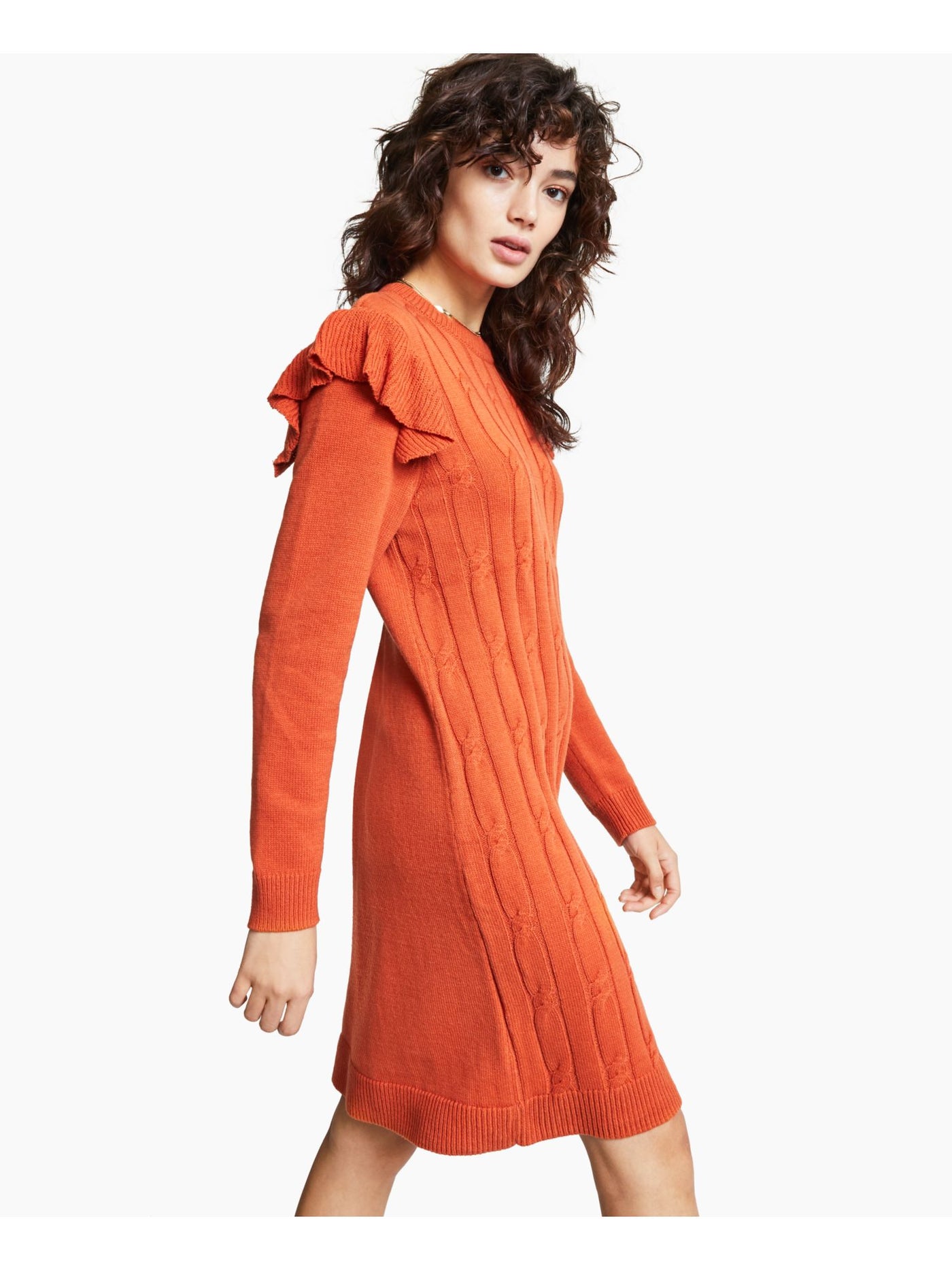 BAR III DRESSES Womens Orange Ruffled Cable-knit Front Long Sleeve Crew Neck Above The Knee Sweater Dress M