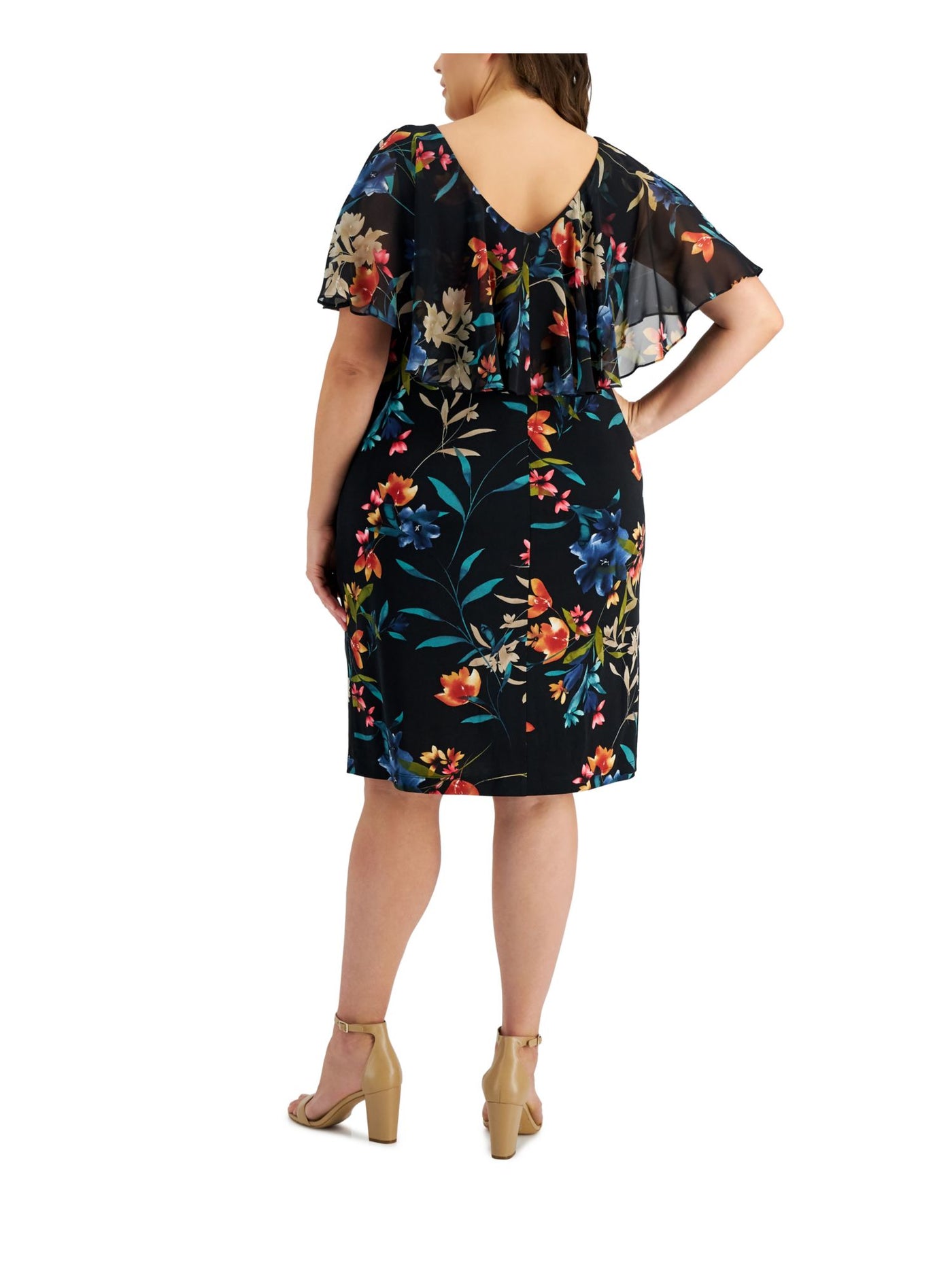 CONNECTED APPAREL Womens Navy Zippered Floral Short Sleeve V Neck Knee Length Sheath Dress Plus 22W