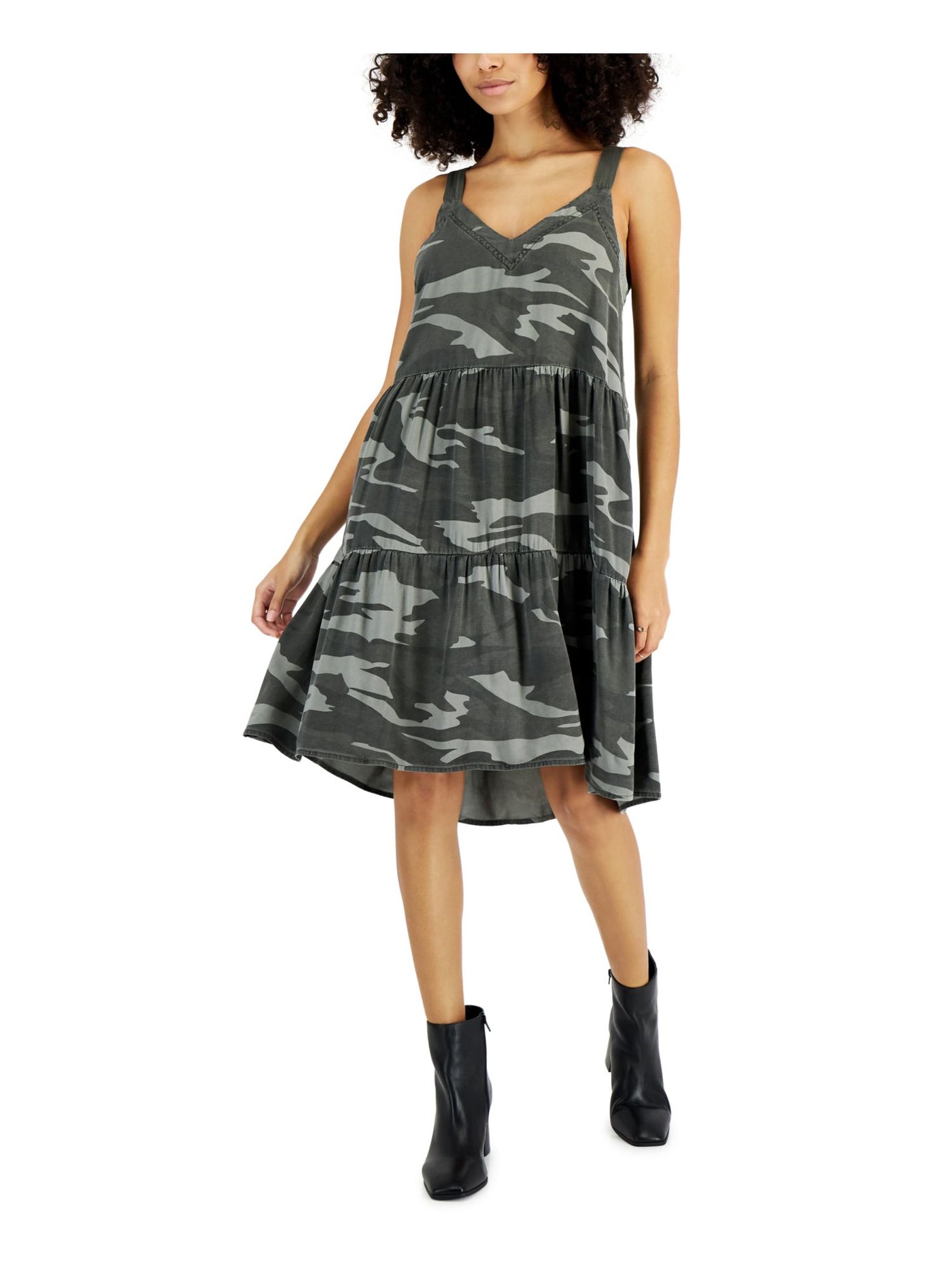 SPLENDID Womens Green Camouflage Sleeveless V Neck Below The Knee Hi-Lo Dress L