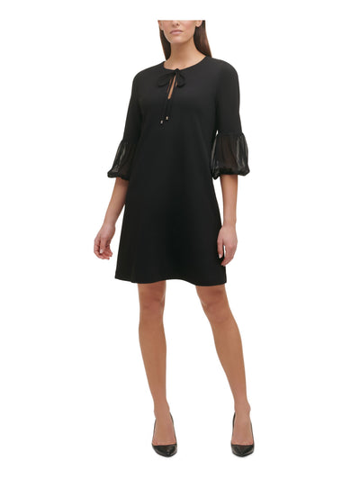 TOMMY HILFIGER Womens Black Stretch Pleated Darted 3/4 Chiffon-sleeve Round Neck Above The Knee Wear To Work Shift Dress Petites 4P