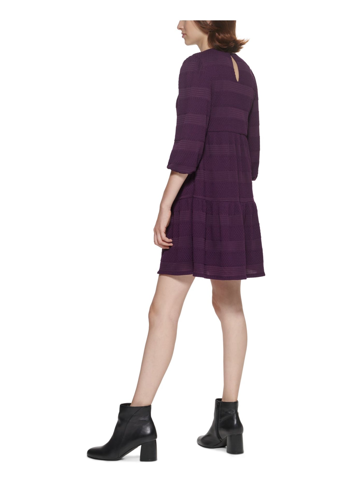 JESSICA HOWARD Womens Purple Textured Button Keyhole Closure 3/4 Sleeve Round Neck Above The Knee Sweater Dress Petites PM