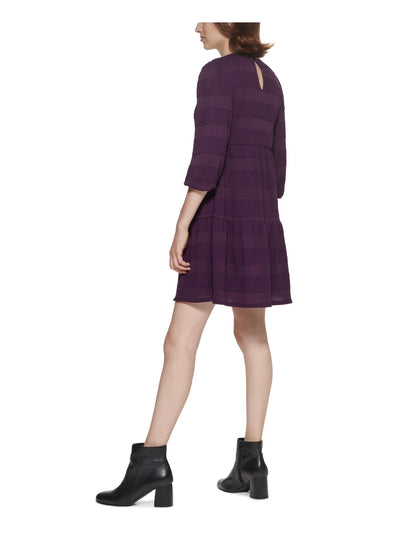 JESSICA HOWARD Womens Purple Textured Button Keyhole Closure 3/4 Sleeve Round Neck Above The Knee Sweater Dress Petites PM