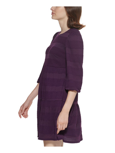 JESSICA HOWARD Womens Purple Textured Button Keyhole Closure 3/4 Sleeve Round Neck Above The Knee Sweater Dress Petites PM