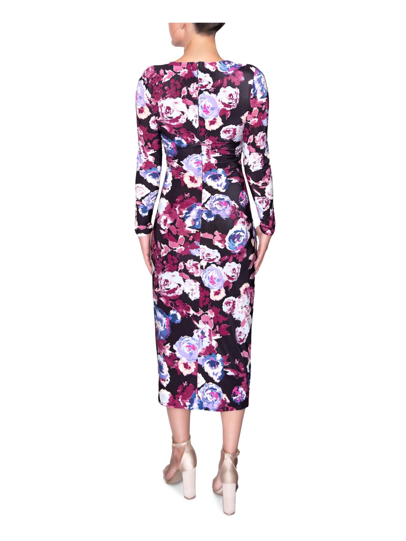 RACHEL RACHEL ROY Womens Black Stretch Zippered Criss-cross Front Floral Long Sleeve Scoop Neck Midi Cocktail Sheath Dress XS