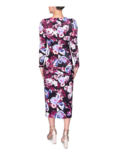RACHEL RACHEL ROY Womens Black Stretch Zippered Criss-cross Front Floral Long Sleeve Scoop Neck Midi Cocktail Sheath Dress XS