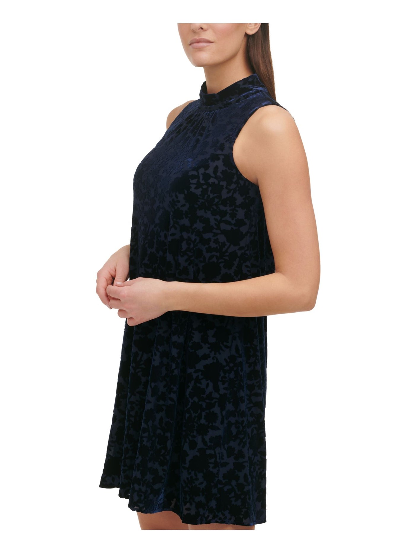 TOMMY HILFIGER Womens Navy Stretch Textured Velvet Keyhole Back Floral Sleeveless Mock Neck Short Party Shift Dress 14