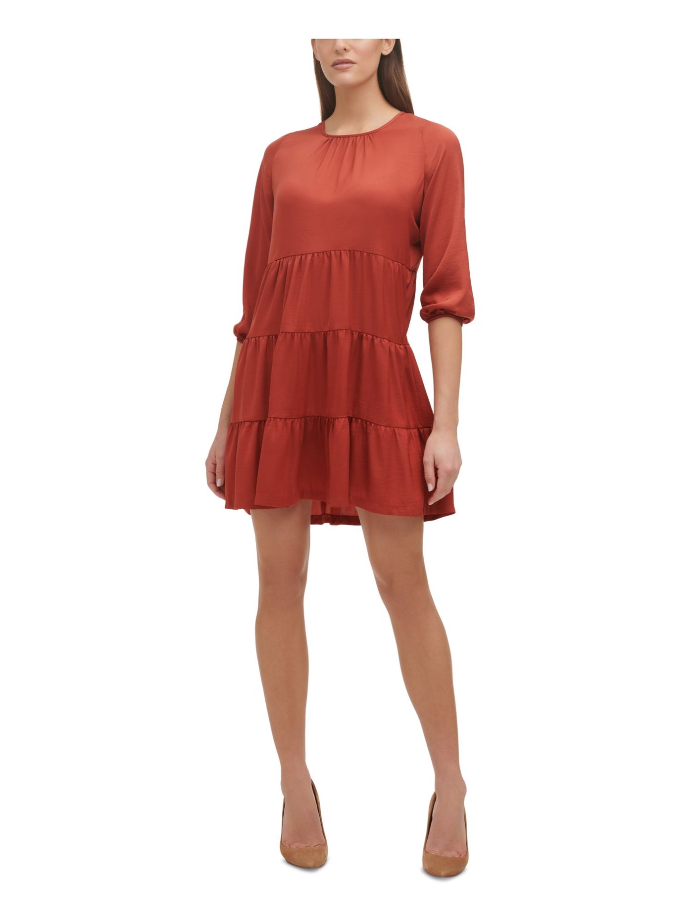 TOMMY HILFIGER Womens Orange Gathered Unlined Tiered Pullover 3/4 Sleeve Round Neck Short Shift Dress 12