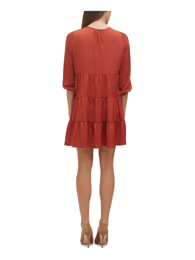 TOMMY HILFIGER Womens Orange Gathered Unlined Tiered Pullover 3/4 Sleeve Round Neck Short Shift Dress 12