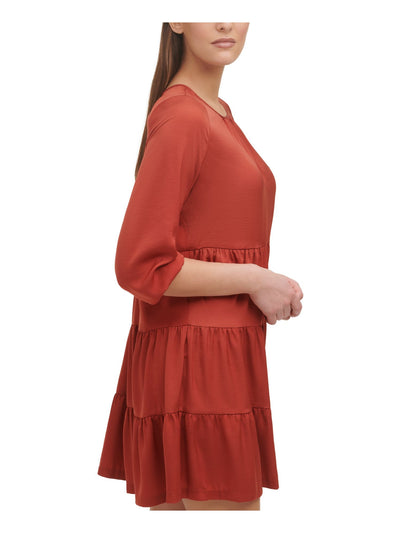 TOMMY HILFIGER Womens Orange Gathered Unlined Tiered Pullover 3/4 Sleeve Round Neck Short Shift Dress 12
