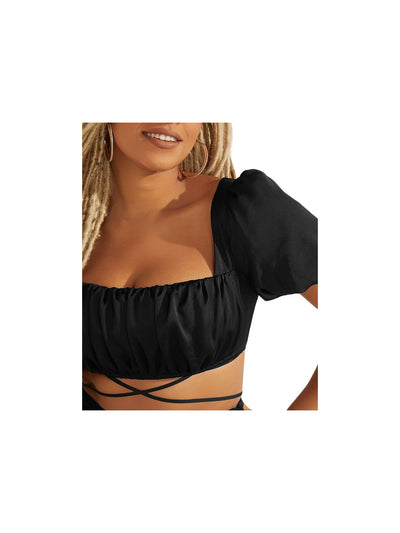 GUESS Womens Black Zippered Pleated Wrap Around Tie Detail Cropped Pouf Sleeve Square Neck Top M