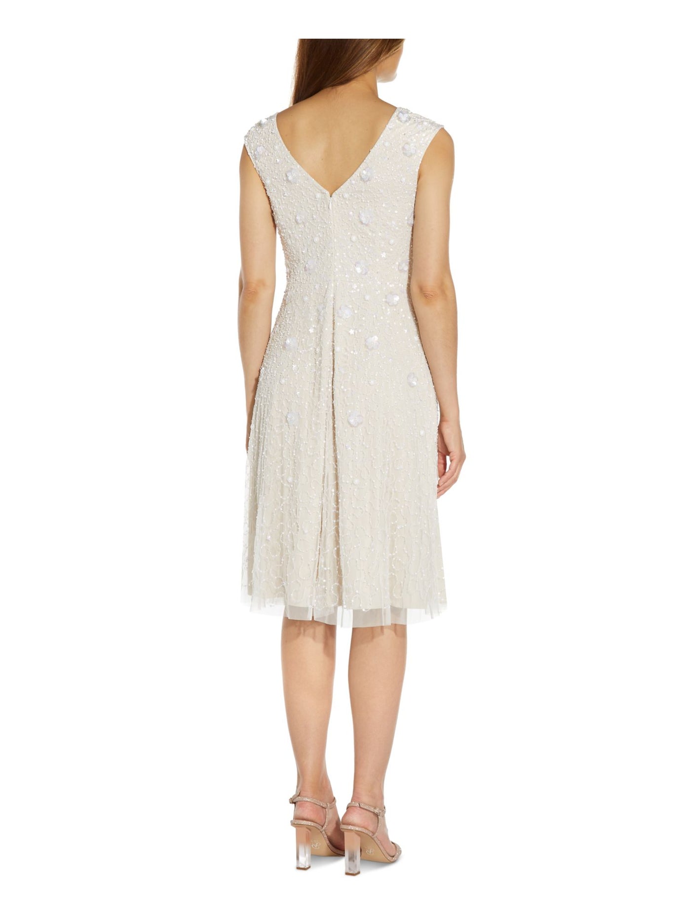 ADRIANNA PAPELL Womens Beige Embellished Zippered Lined Cap Sleeve V Neck Knee Length Cocktail Shift Dress 4