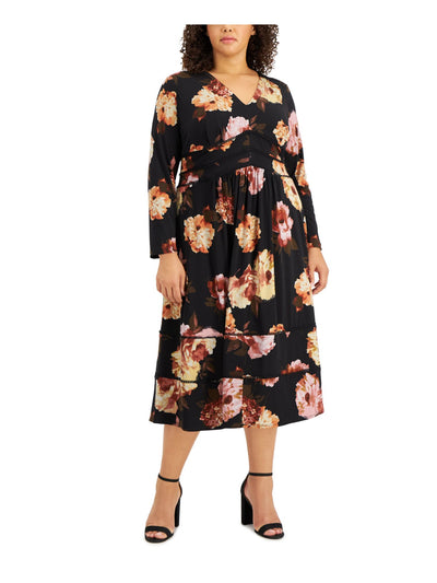 TAYLOR Womens Black Stretch Zippered Tiered Circle-trim Floral Long Sleeve V Neck Midi Evening Empire Waist Dress Plus 20W