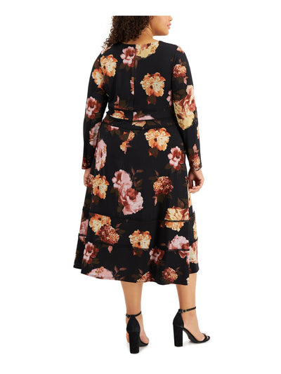 TAYLOR Womens Black Stretch Zippered Tiered Circle-trim Floral Long Sleeve V Neck Midi Evening Empire Waist Dress Plus 20W