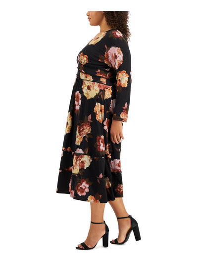 TAYLOR Womens Black Stretch Zippered Tiered Circle-trim Floral Long Sleeve V Neck Midi Evening Empire Waist Dress Plus 24W