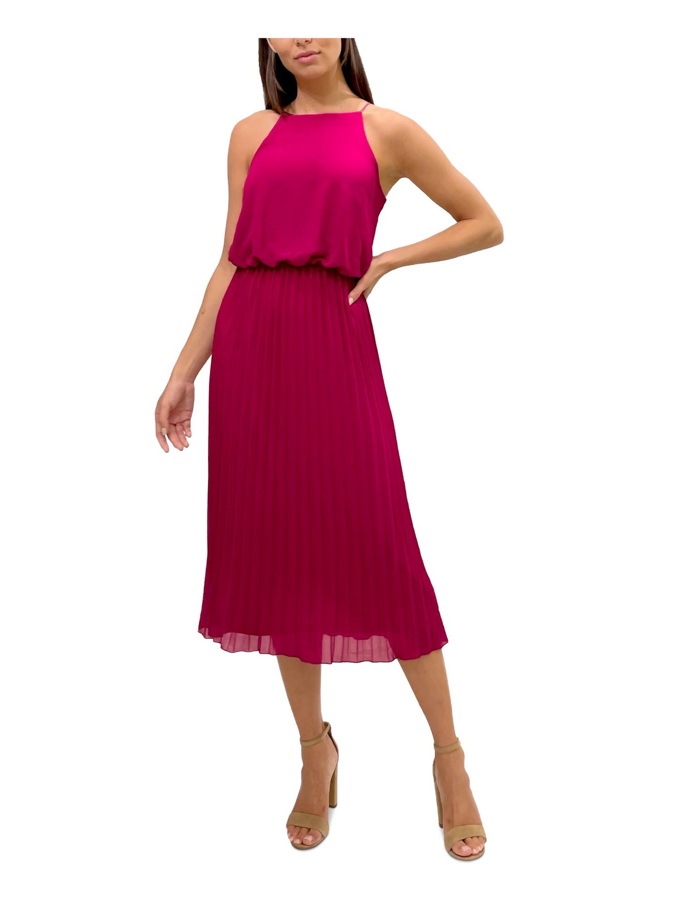 SPEECHLESS Womens Pink Pleated Zippered Lined Spaghetti Strap Square Neck Midi Cocktail A-Line Dress 78