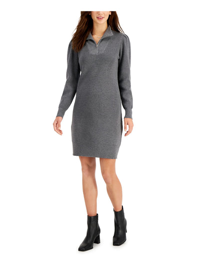 TAYLOR Womens Gray Zippered Ribbed Heather Long Sleeve Collared Above The Knee Wear To Work Sweater Dress L