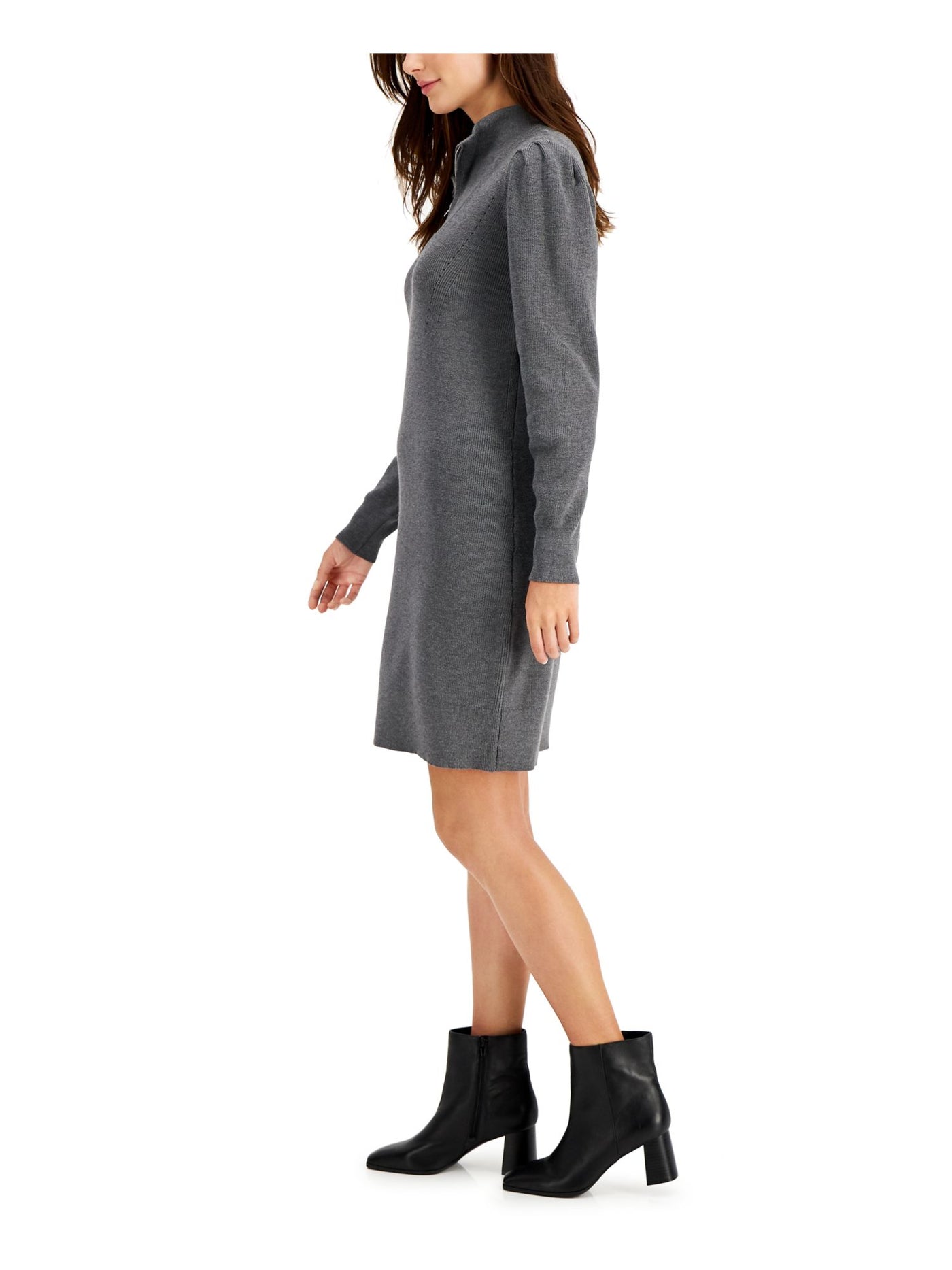 TAYLOR Womens Gray Zippered Ribbed Heather Long Sleeve Collared Above The Knee Wear To Work Sweater Dress L