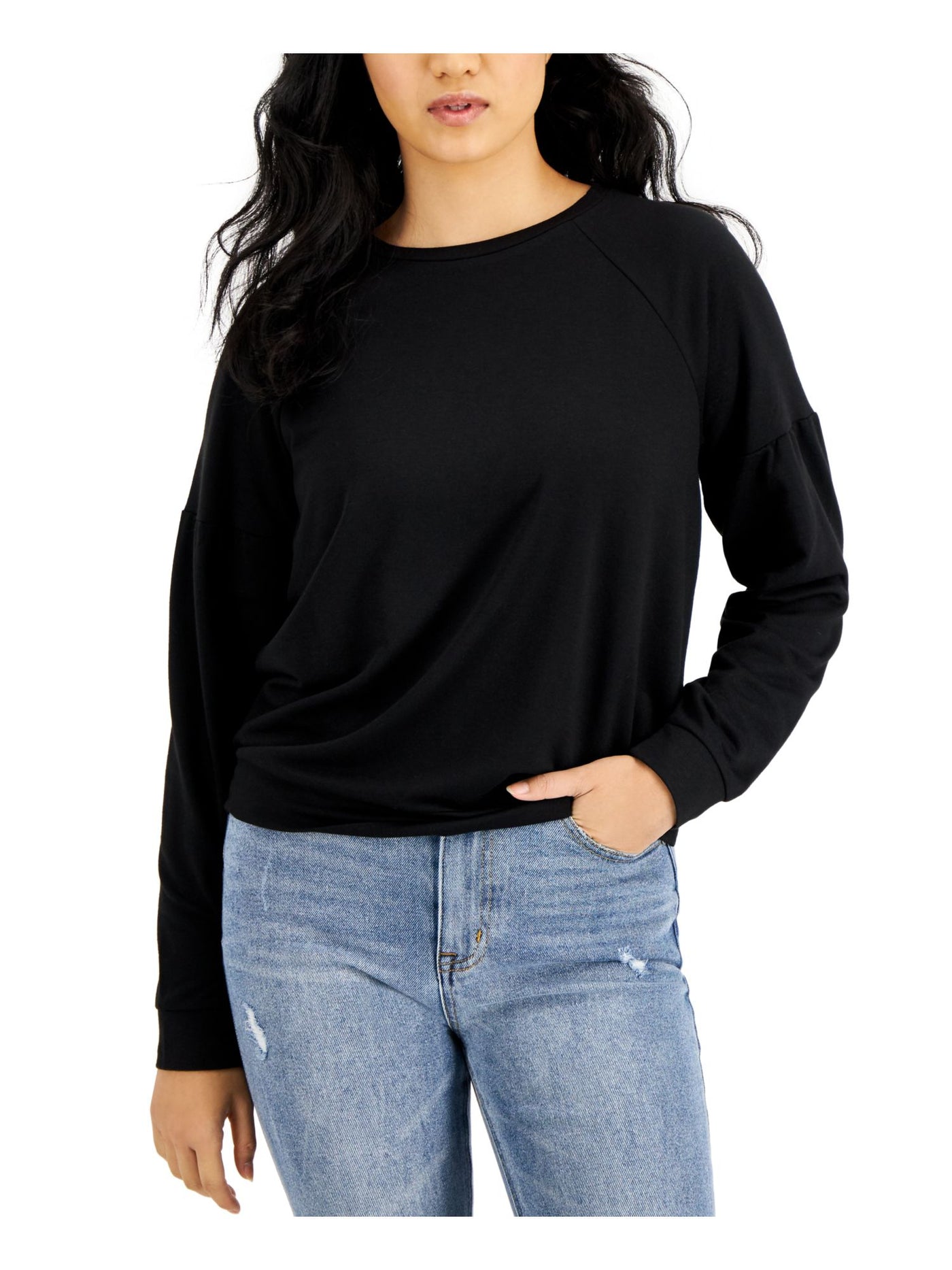 TINSEL Womens Black Pouf Sleeve Round Neck Top Petites PL