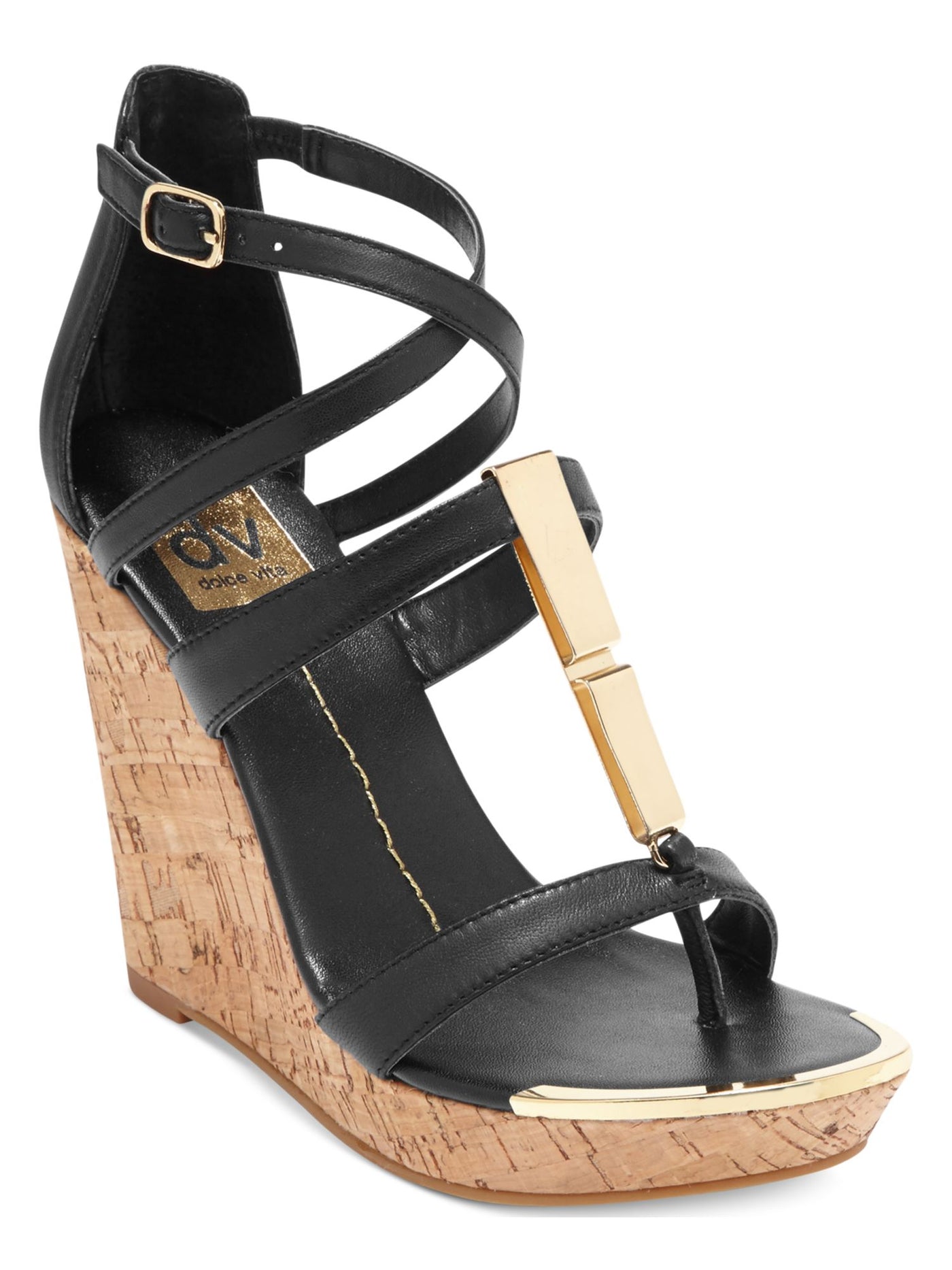 DOLCE VITA Womens Black Metallic Hardware Cork Ankle Strap Adjustable Tabby Round Toe Wedge Buckle Leather Dress Heeled Thong Sandals 7