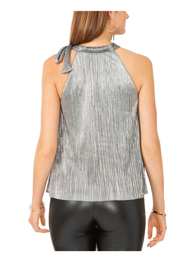 28TH & PARK Womens Silver Metallic Pleated Tie Neck Lined Sleeveless Halter Evening Top XL