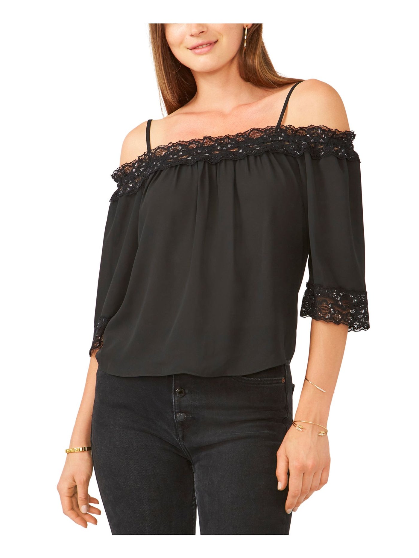 28TH & PARK Womens Black Ruffled Short Length Elbow Sleeve Spaghetti Strap Off Shoulder Party Top S