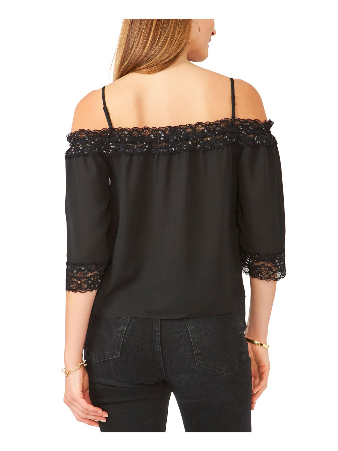 28TH & PARK Womens Black Ruffled Short Length Elbow Sleeve Spaghetti Strap Off Shoulder Party Top XL