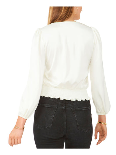 28TH & PARK Womens Ivory Smocked Rhinestone Buttons Long Sleeve V Neck Wear To Work Blouse XS