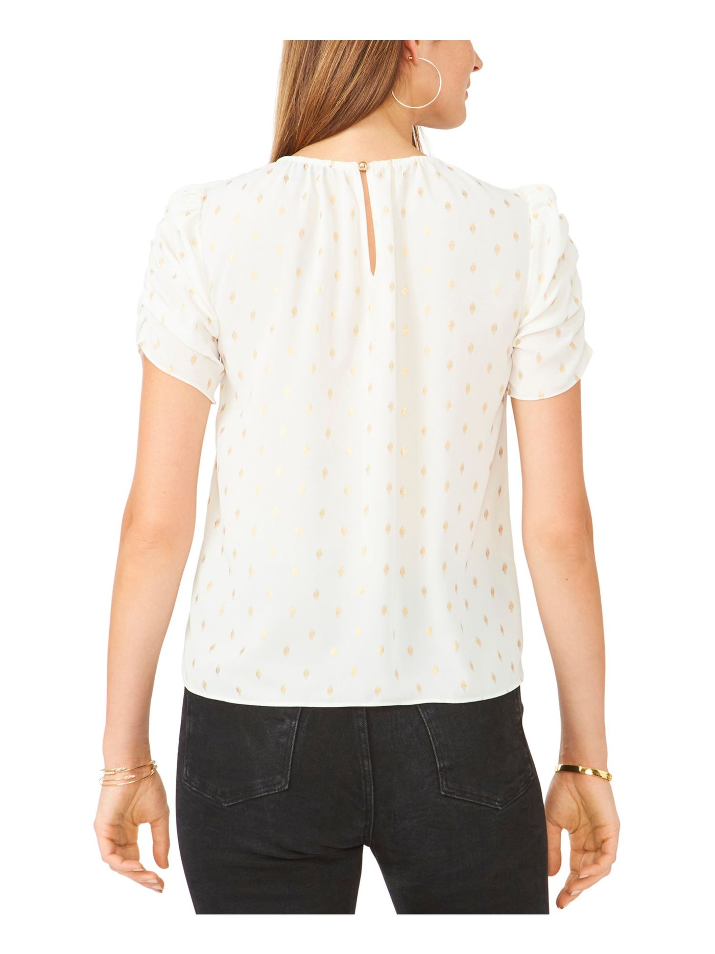 28TH & PARK Womens White Ruched Gathered Keyhole Back Printed Short Sleeve Jewel Neck Top XS