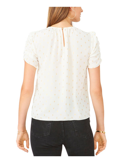 28TH & PARK Womens White Ruched Gathered Keyhole Back Printed Short Sleeve Jewel Neck Top XS