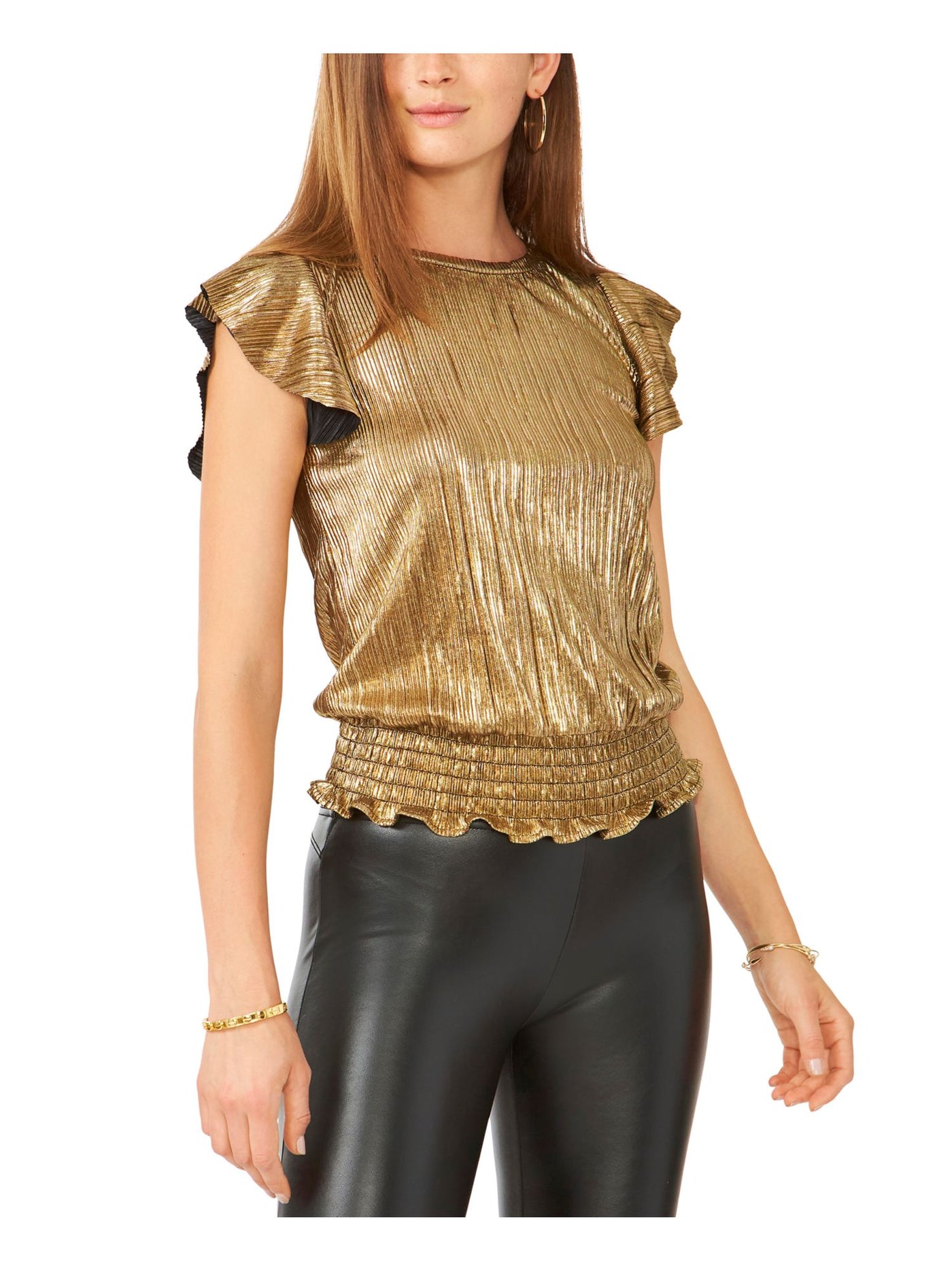 28TH & PARK Womens Gold Ribbed Smocked Hem Flutter Sleeve Jewel Neck Party Top XS