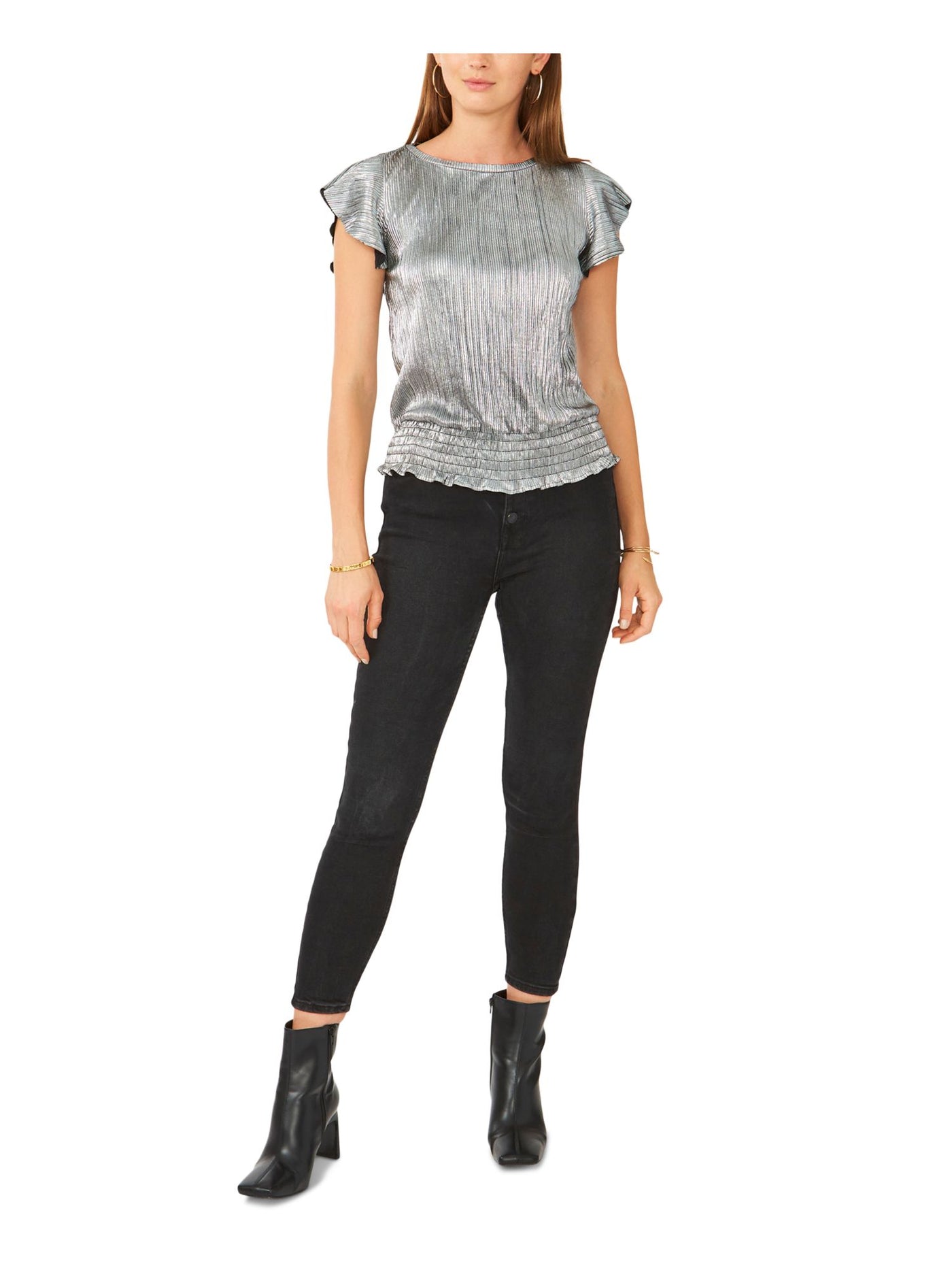 28TH & PARK Womens Silver Ribbed Metallic Smocked Hem Flutter Sleeve Jewel Neck Party Top S