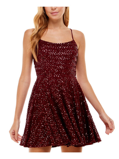 CITY STUDIO Womens Maroon Stretch Sequined Zippered Lace-up Tie Back Padded Cups Spaghetti Strap Scoop Neck Short Party Fit + Flare Dress 15