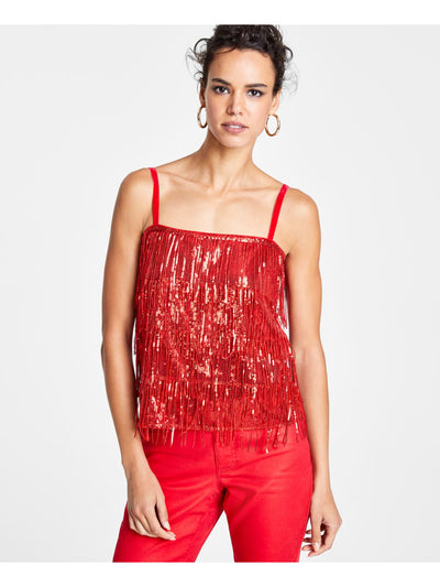 INC Womens Red Sequined Fringed Tiered Metallic Lined Spaghetti Strap Square Neck Party Cami Top L