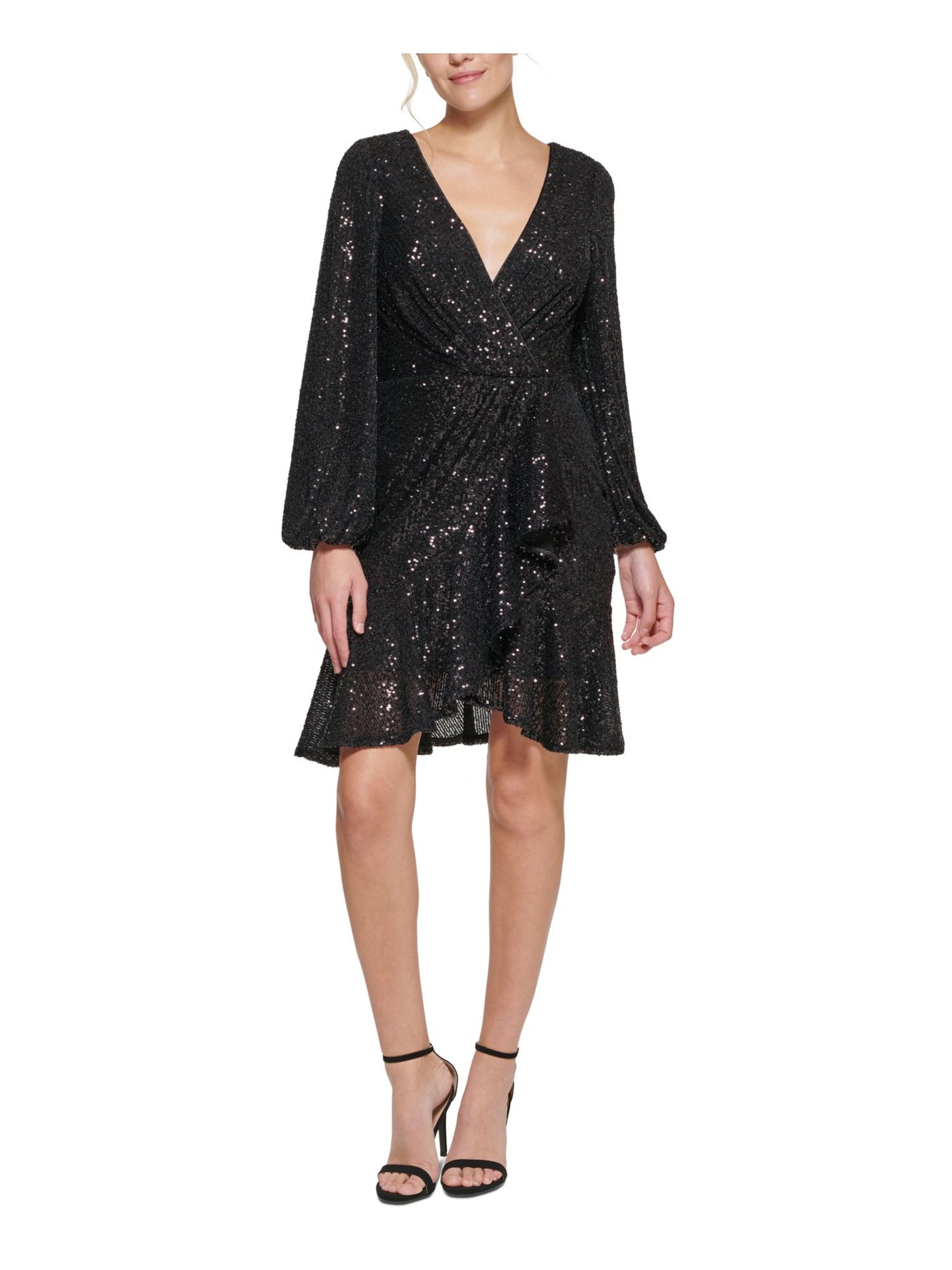 ELIZA J Womens Black Stretch Sequined Zippered Gathered Ruffled Long Sleeve Surplice Neckline Above The Knee Party Faux Wrap Dress 4