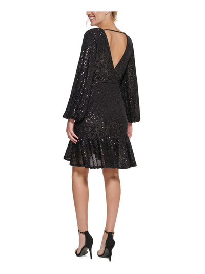 ELIZA J Womens Black Stretch Sequined Zippered Gathered Ruffled Long Sleeve Surplice Neckline Above The Knee Party Faux Wrap Dress 12