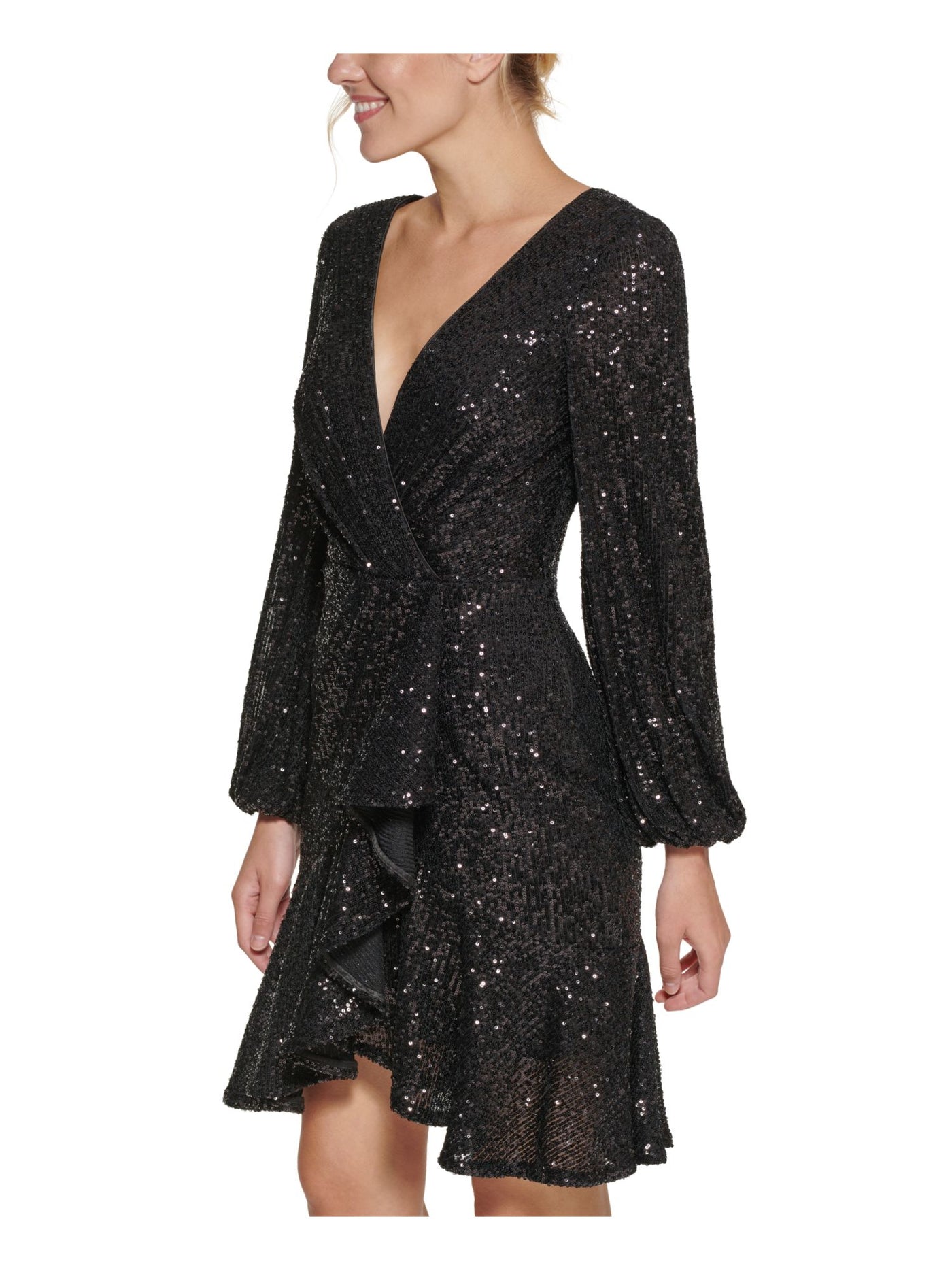 ELIZA J Womens Black Stretch Sequined Zippered Gathered Ruffled Long Sleeve Surplice Neckline Above The Knee Party Faux Wrap Dress 4