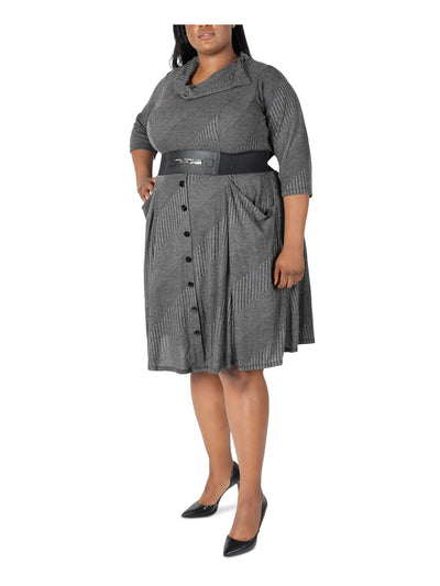 SIGNATURE BY ROBBIE BEE Womens Knit Belted Pocketed Button 3/4 Sleeve Cowl Neck Knee Length Wear To Work Fit + Flare Dress