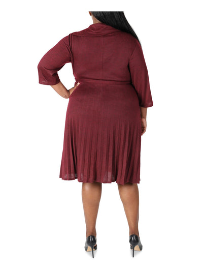 SIGNATURE BY ROBBIE BEE Womens Burgundy Knit Pleated Belted Button Heather 3/4 Sleeve Cowl Neck Midi Wear To Work Sheath Dress Plus 3X