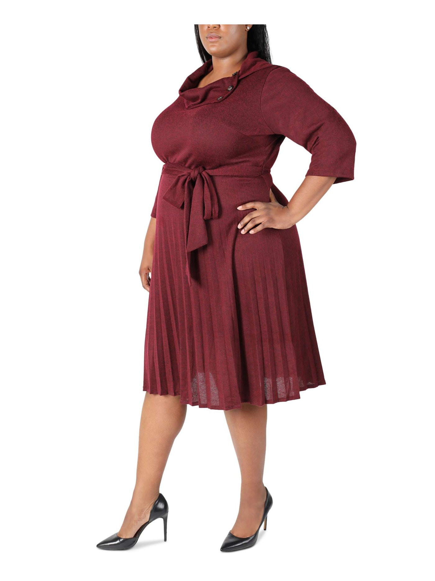 SIGNATURE BY ROBBIE BEE Womens Burgundy Knit Pleated Belted Button Heather 3/4 Sleeve Cowl Neck Midi Wear To Work Sheath Dress Plus 3X