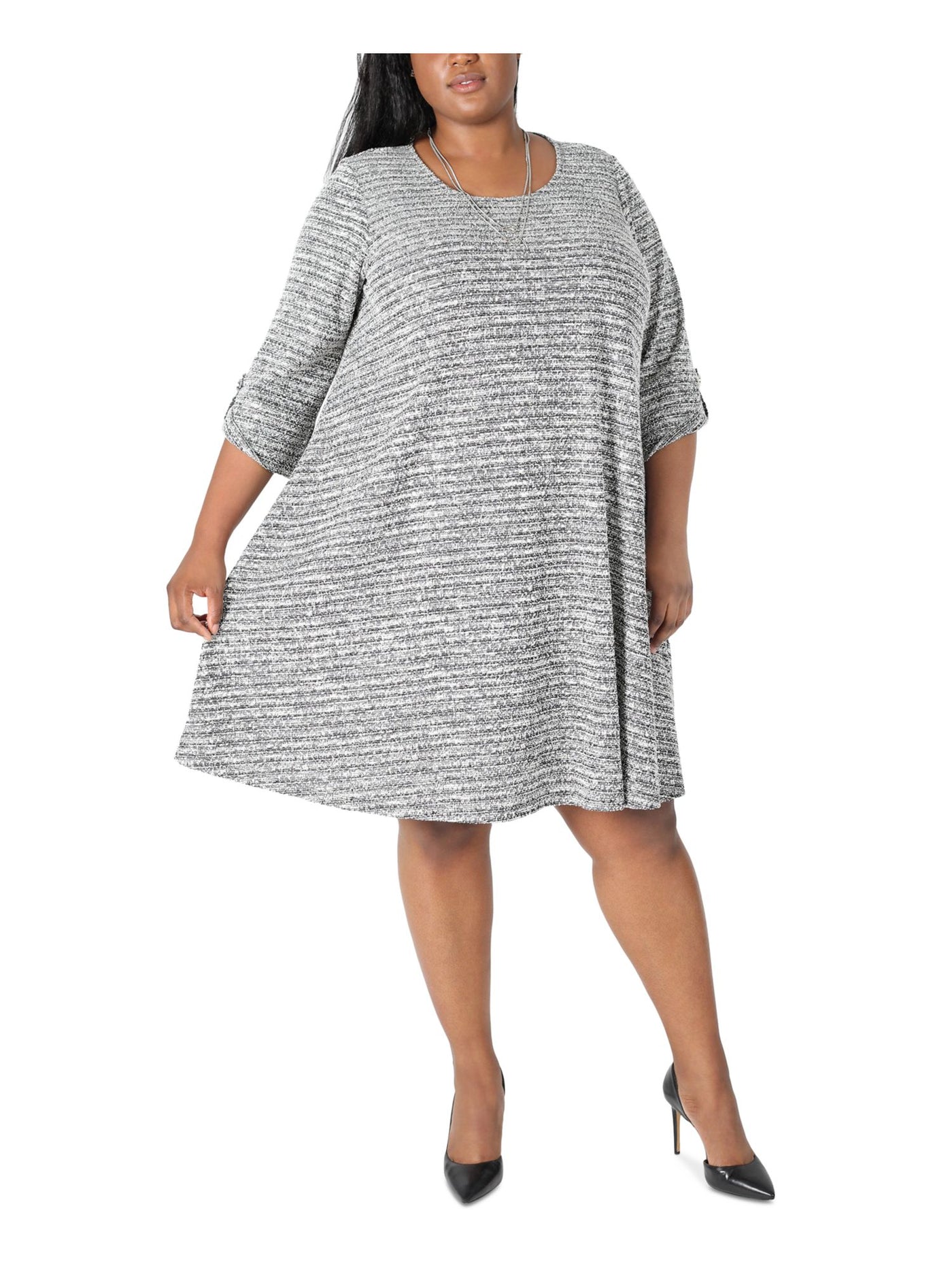 ROBBIE BEE Womens Textured Attached Necklace Roll-tab Sleeve Scoop Neck Above The Knee Wear To Work Shift Dress